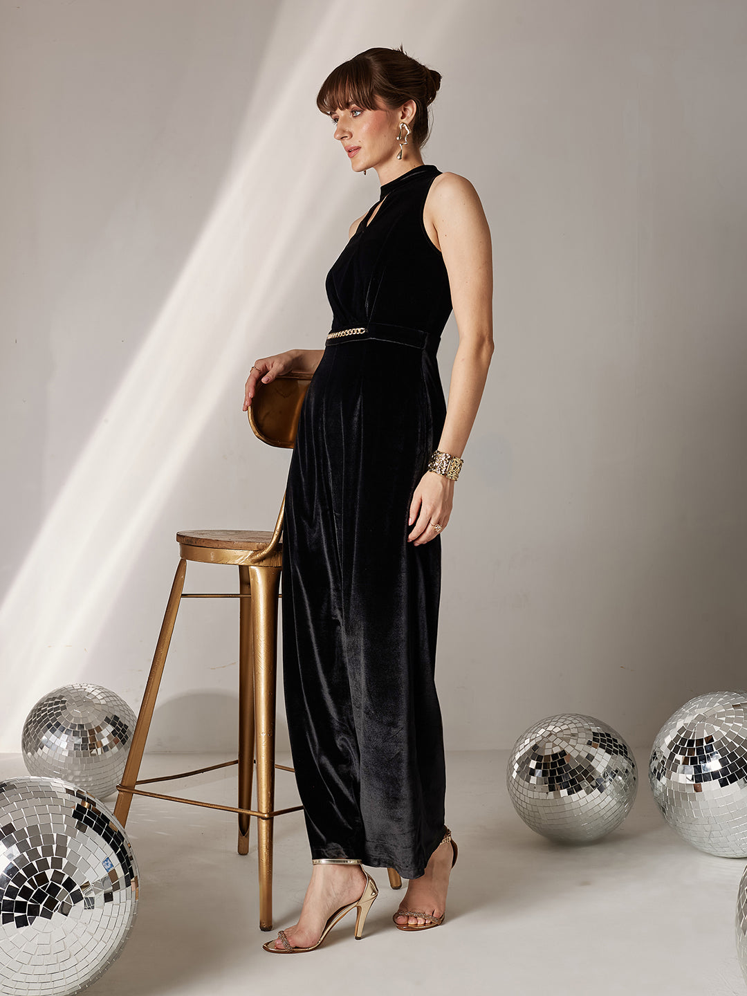 Women's Black Choker Neck Sleeveless Solid Pleated Regular Jumpsuit