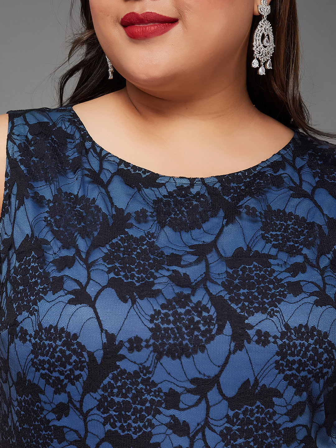 Blue & Black Round Neck Sleeveless Georgette Floral Lace Fit & Flare Maxi Dress for Women