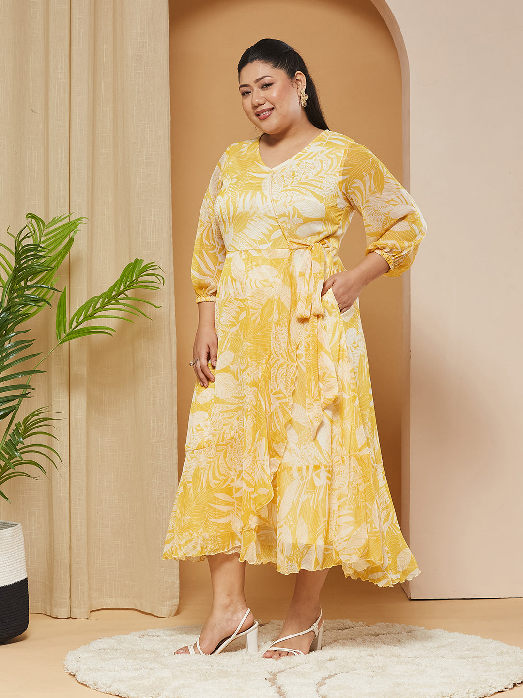 Yellow & White V-Neck Full-Sleeves Floral Layered Maxi Dress for Women