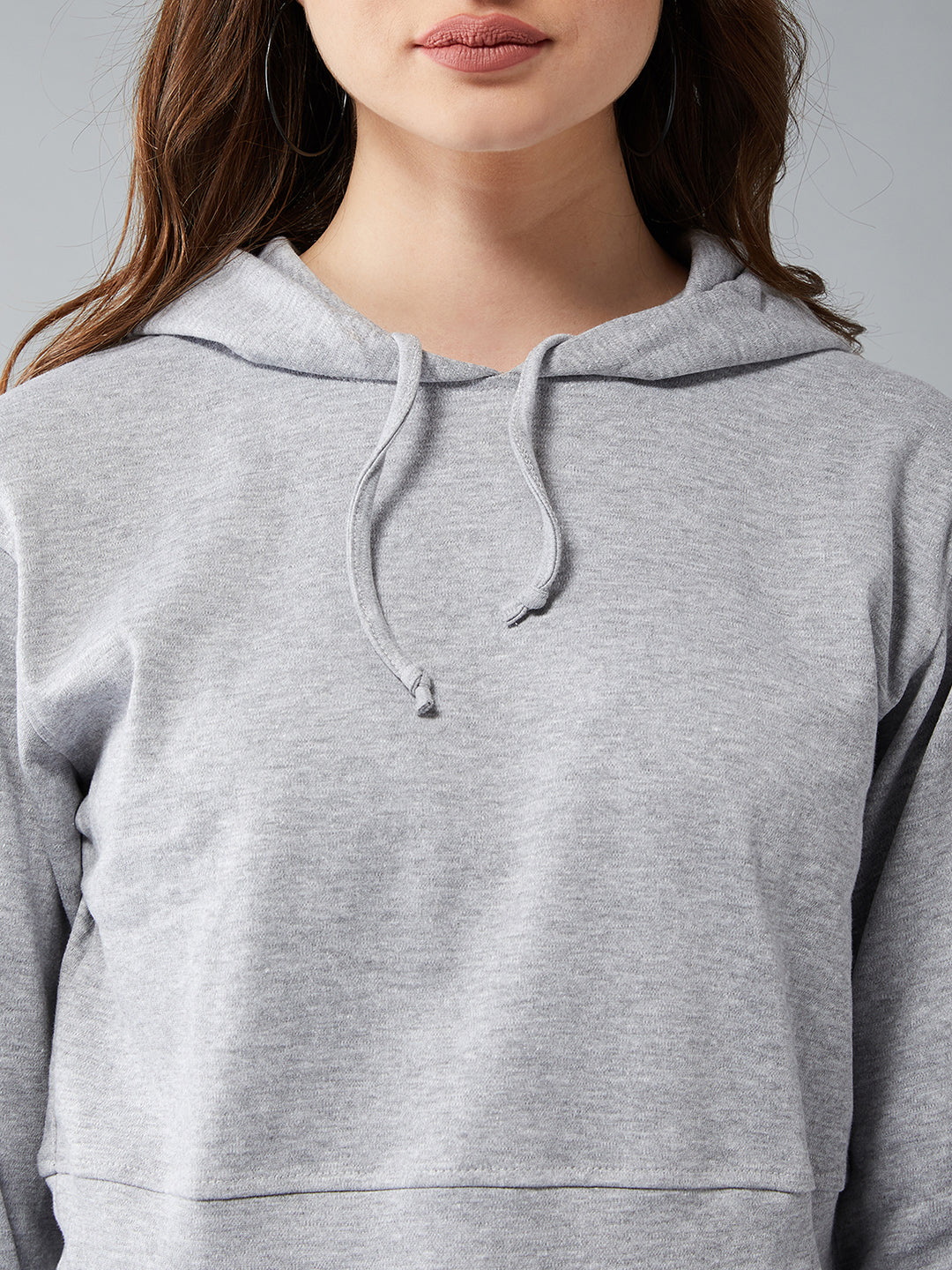 Women's Grey Round Neck Full Sleeve Cotton Solid Hooded Crop Sweatshirt