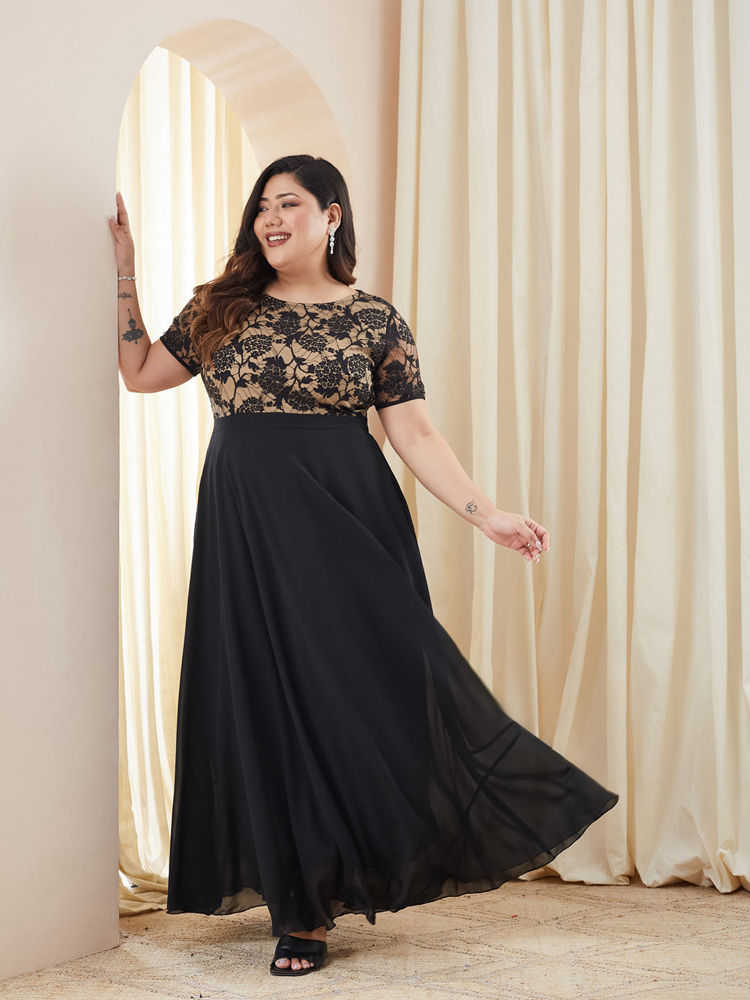 Black Round Neck Half Sleeve Self Design Fit & Flare Georgette Maxi Dress for Women — Miss Chase A+
