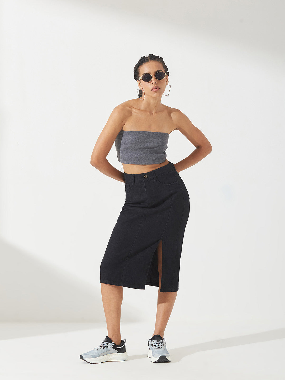 Black Straight-Fit High-Rise Stretchable Denim Midi Skirt for Women