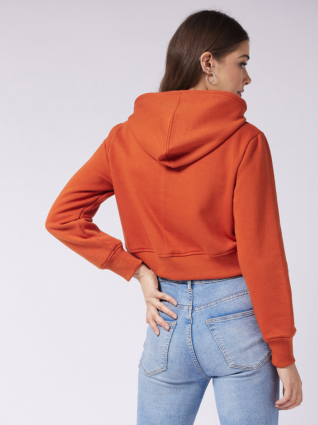 Women's Rust Round Neck Full Sleeve Solid Crop Sweatshirt