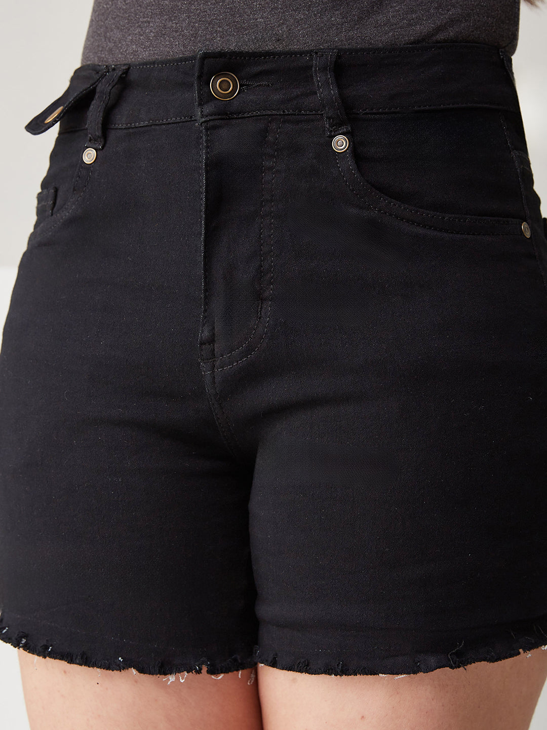 Black Relaxed-Fit High-Rise  Stretchable Denim Shorts for Girls/Teenagers