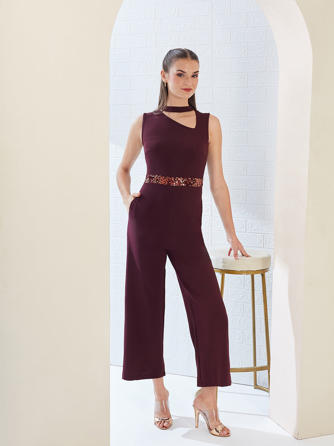 Wine Collared Sleeveless Solid Asymmetric Neck Cut-Out Regular Length Jumpsuit for Women