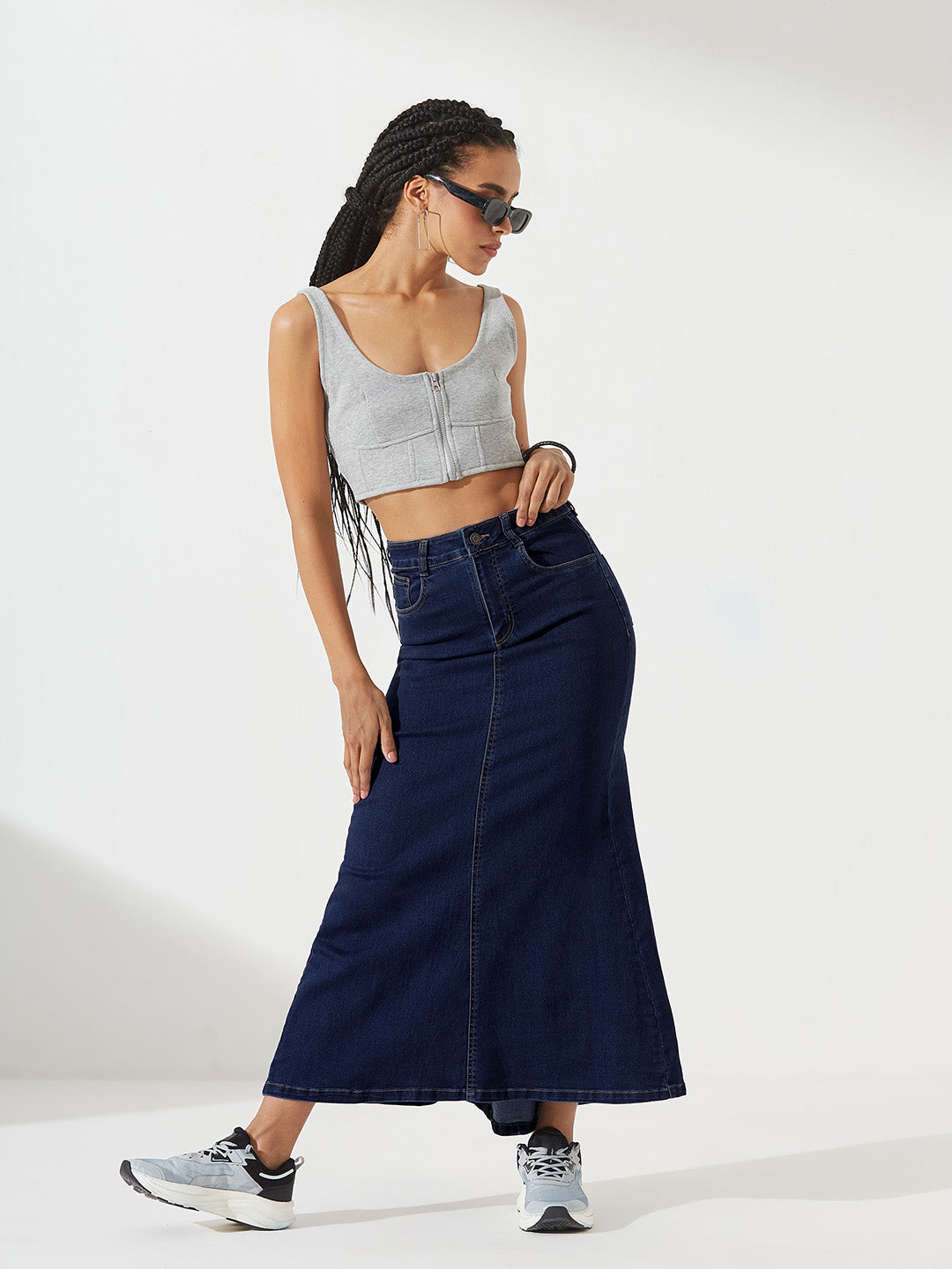Dark Blue Flared High-Rise Stretchable Denim Maxi Skirt for Women