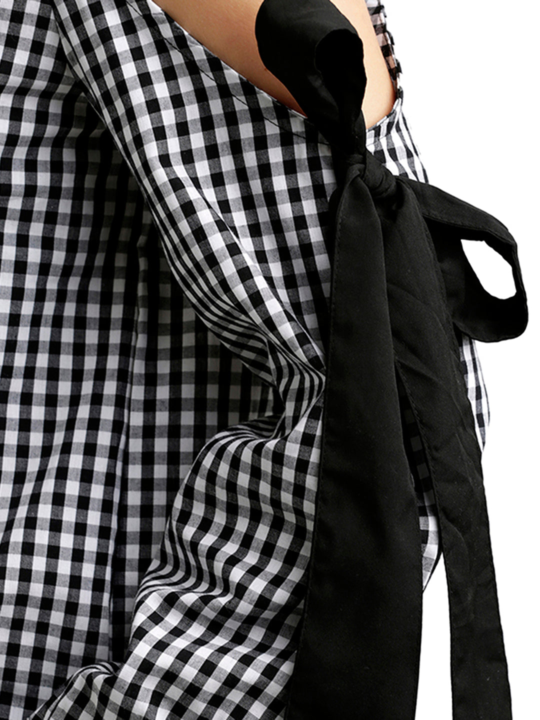 Women's Black And White Ruffled Round Neck Tie-Up Full Sleeve Cotton Checkered Frilled Cold Shoulder Top