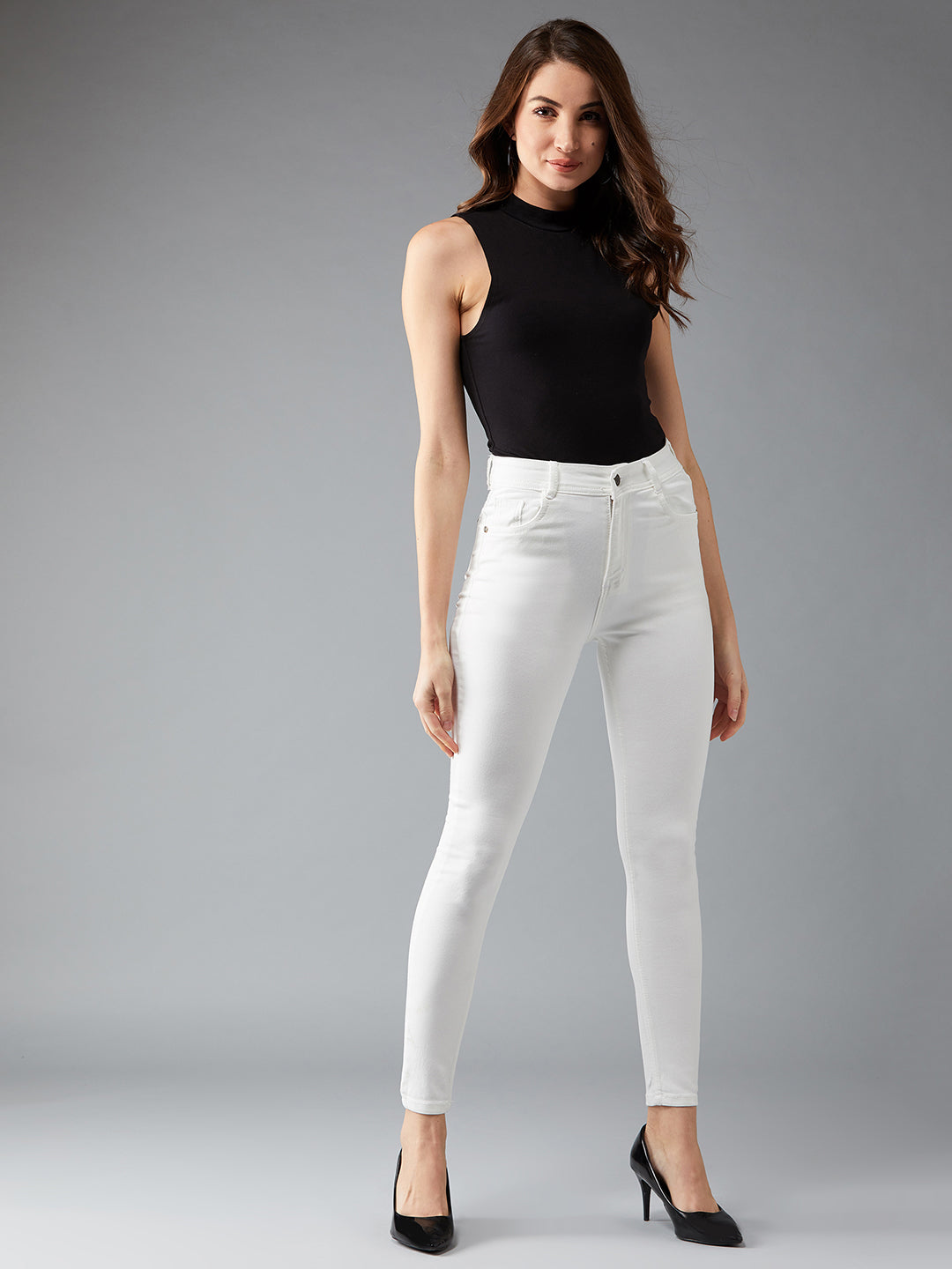 Women's White Skinny High-Rise Clean-Look Bleached Regular-Length Stretchable Denim Jeans