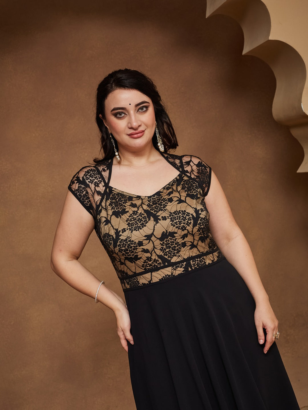 Black Floral V - Neck Cap Short Sleeves Lace Overlaid Fit & Flare Paneled Maxi Dress for Women