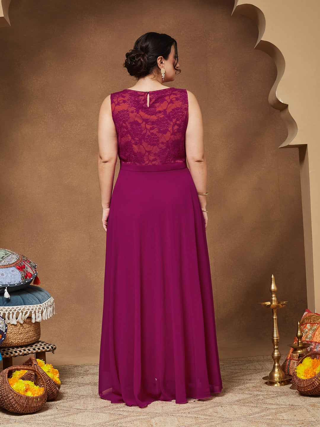Dark Pink & Rust Boat Neck Sleeveless Self Design Lace Overlaid Regular Dress for Women — Miss Chase A+