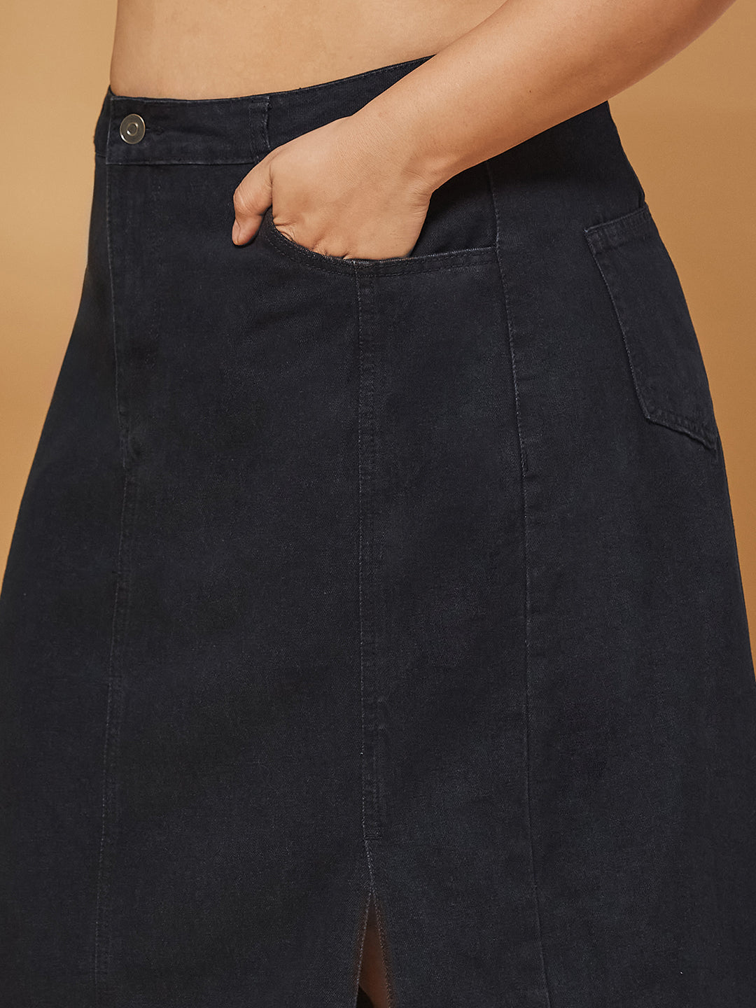 Black Straight-Fit High-Rise Stretchable Denim Midi Skirt for Women