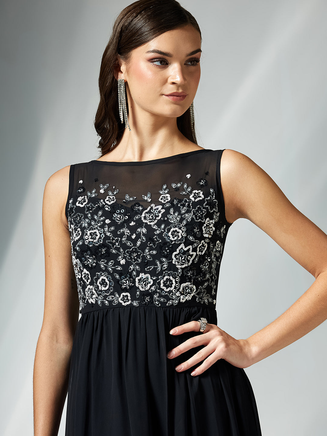 Women's Black Boat Neck Sleeveless Solid Embellished Maxi Dress