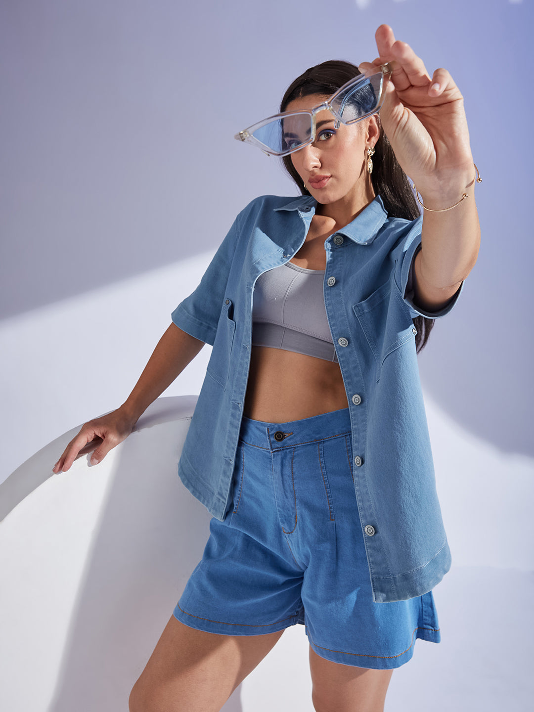 Women's Light Blue Shirt Collar Half Sleeve Asymmetrical Panelled Regular-Length Denim Shirt