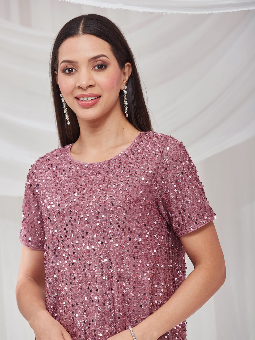 Lavender Round Neck Half Sleeve Embellished A-Line/ T-Shirt Knee-Long Sequined Dress for Women
