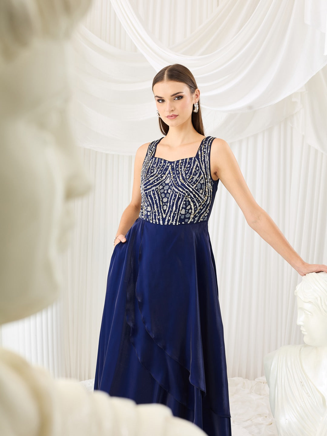 Sleeveless Navy Blue Gown in Embroidered Layered Premium Satin for Women