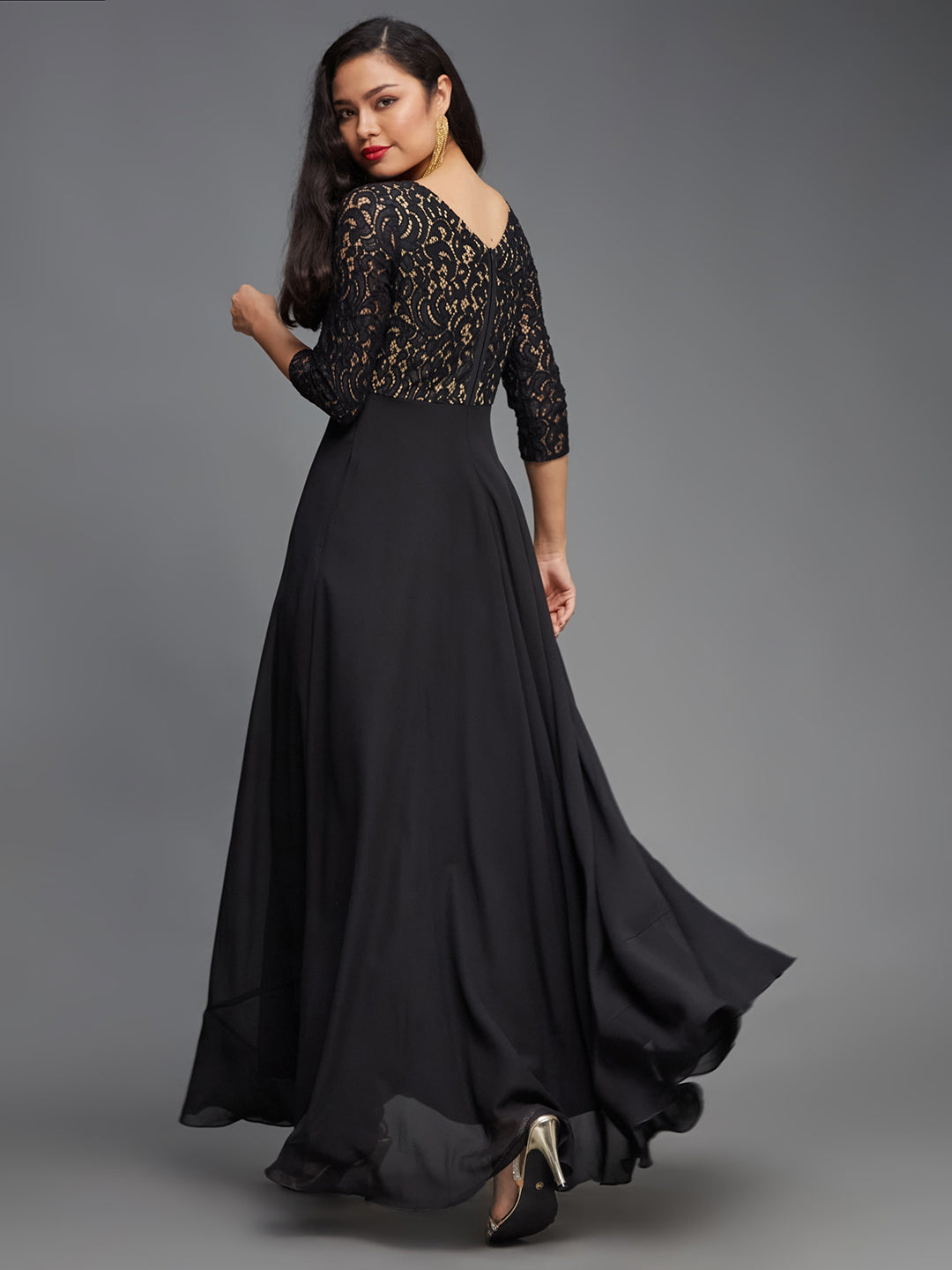 Women's Black Boat Neck Three-Quarter Sleeve Self-Designed Fit and Flare Georgette Maxi Dress