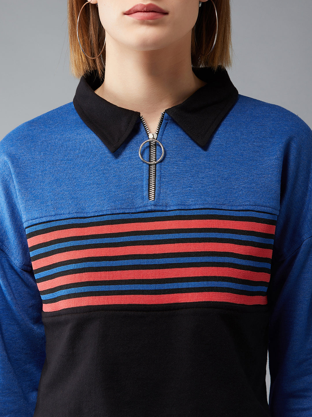 Women's Multicolored- Base- Azure Blue Collared Full Sleeves Loopknit, Rib Striped Color-Block Boxy Cropped Sweatshirt