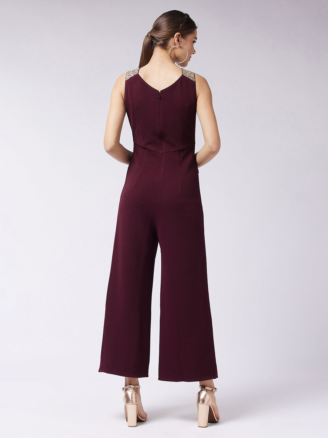 Crease Ease Women's Wine Round Neck Sleeveless Solid Paneled Jumpsuit