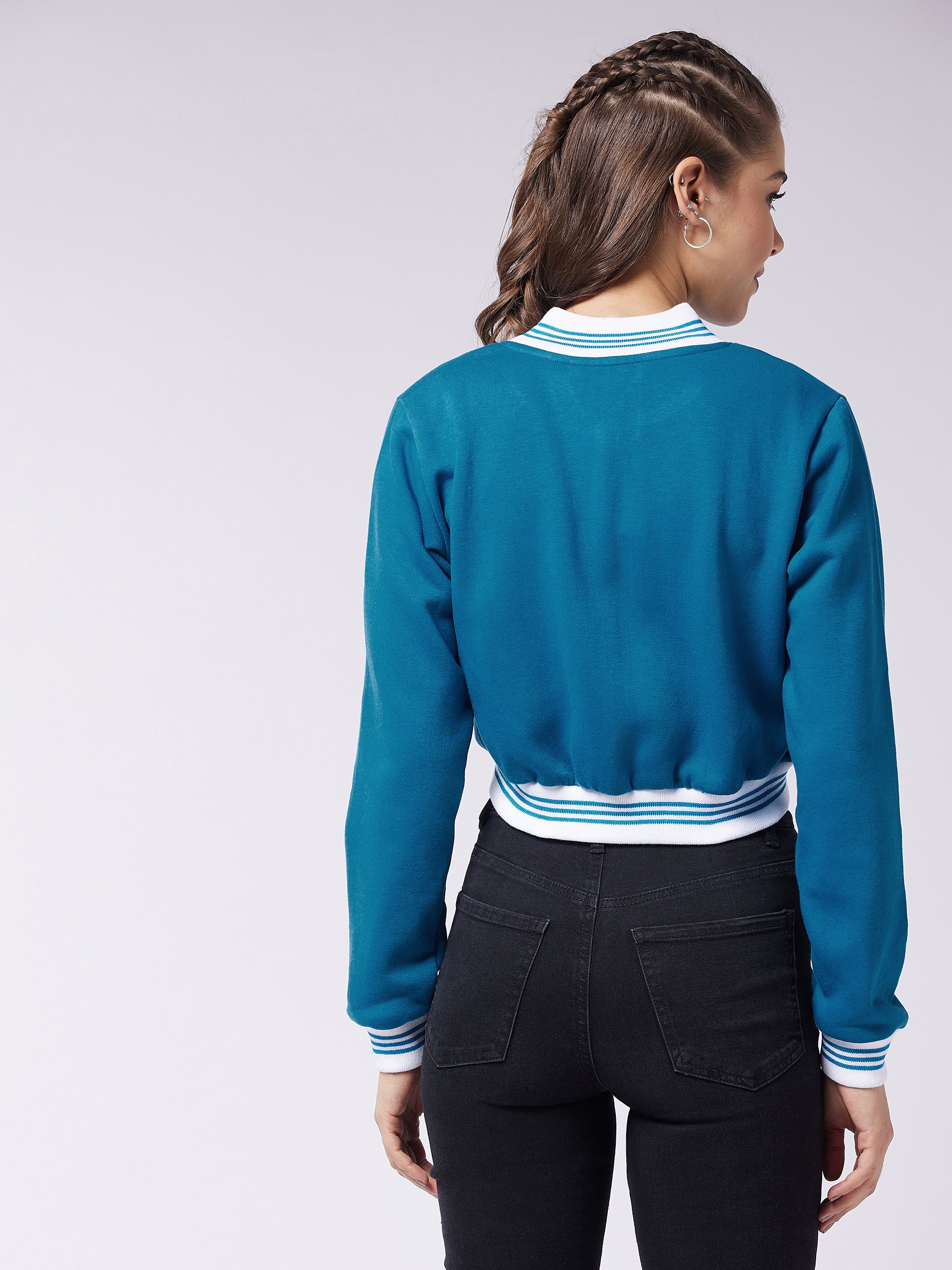 Women's Teal V-Neck Full Sleeve Solid Crop/Bomber Crop Jacket