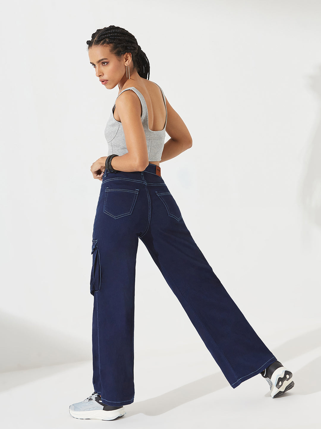 Navy Blue Wide leg High-Rise Regular Stretchable Denim Jeans For Women