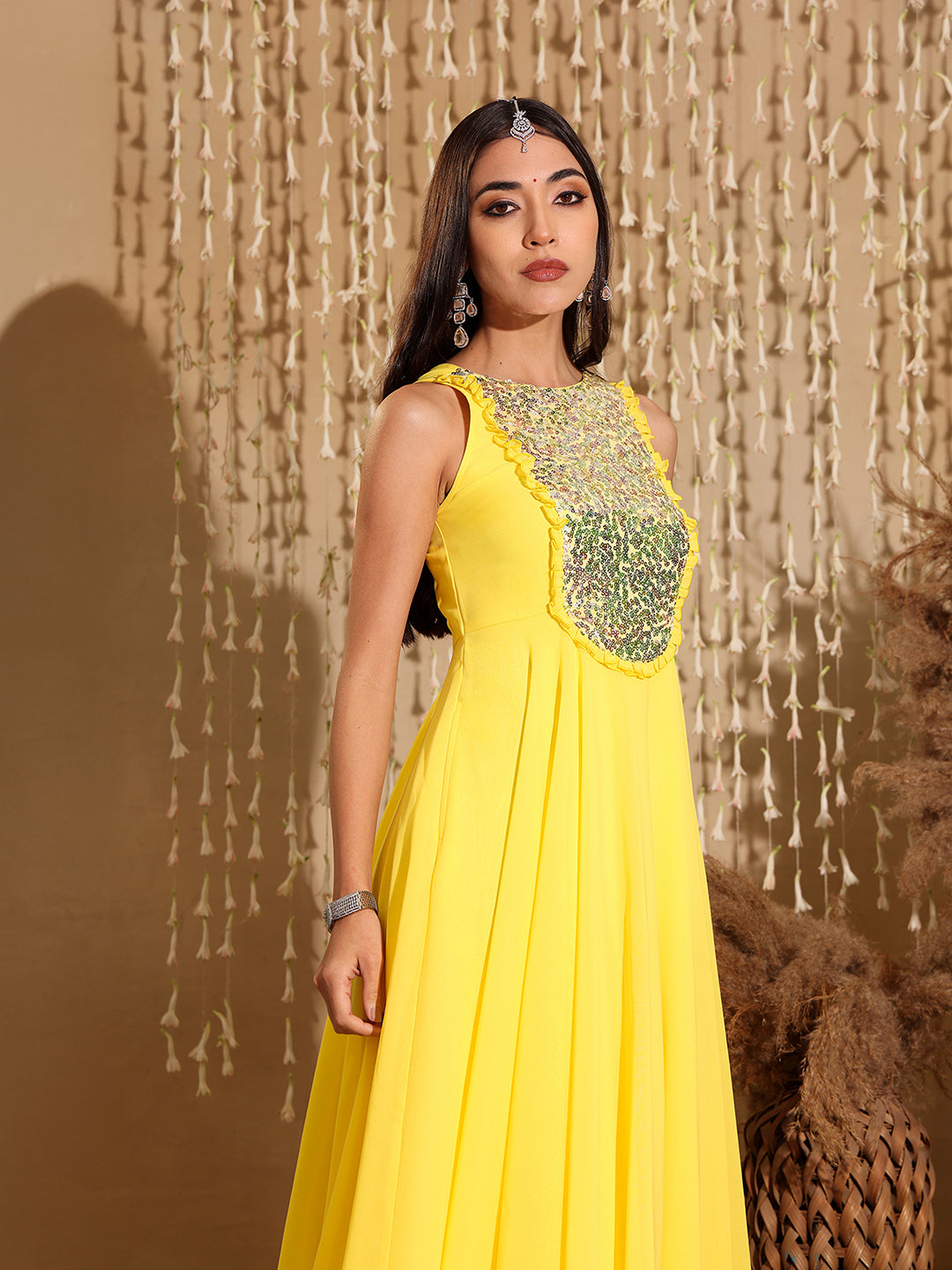 Women's Yellow Round Neck Sleeveless Embellished Frilled Georgette Maxi Dress