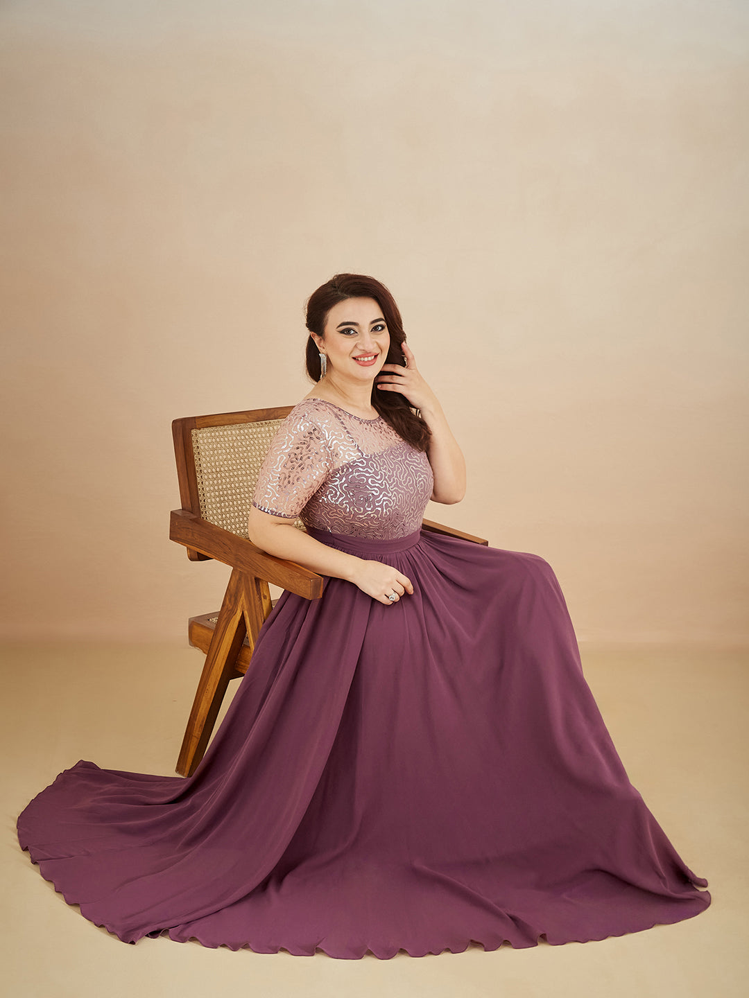 Mauve Relaxed Fit Maxi Georgette & Sequins Dress for Women