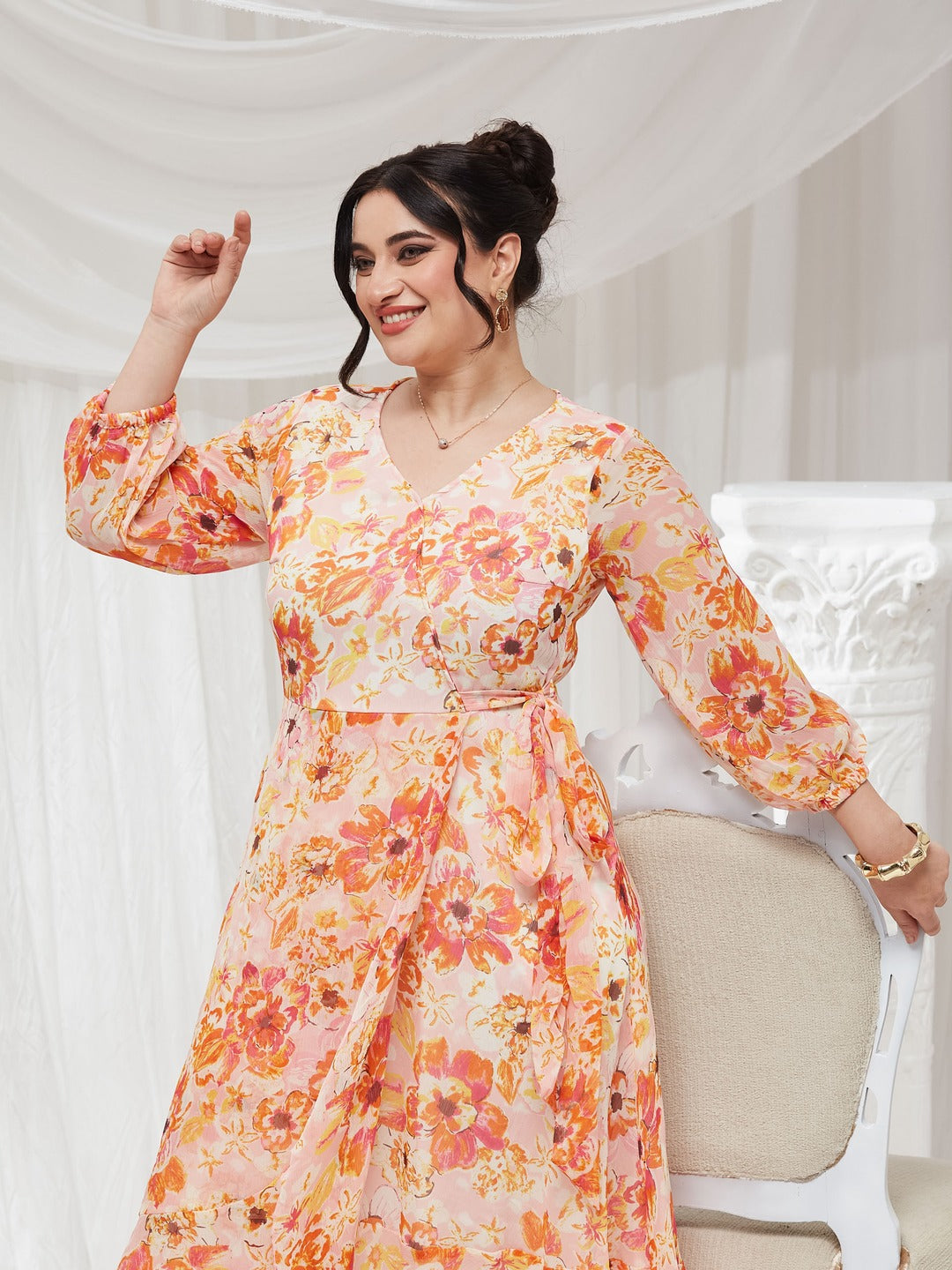 Pink & Orange V-Neck Bishop Floral Layered Chiffon Maxi Dress for Women — Miss Chase A+