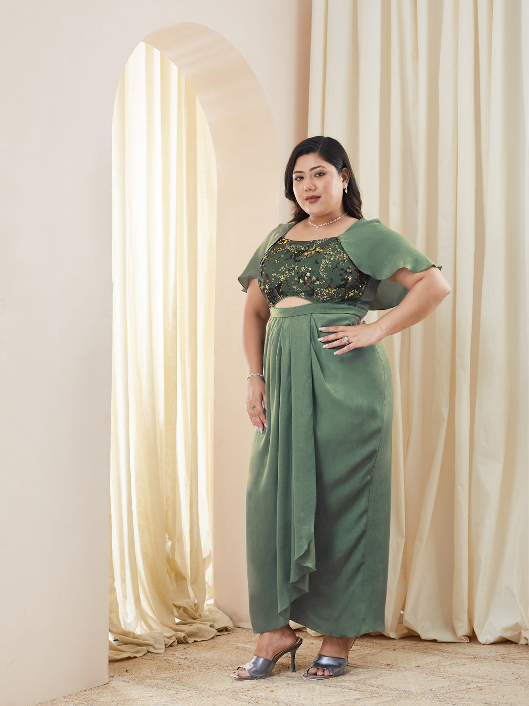Siege Green Sweetheart-Neck Cape Embellished Draped Satin Maxi Dress for Women
