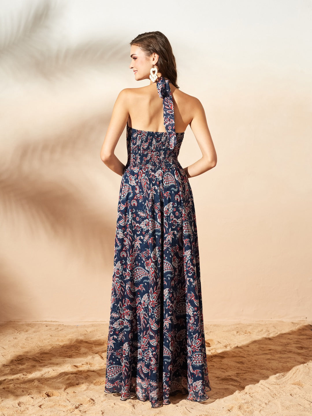 Navy Blue Halter Neck Floral Printed Maxi Dress for Women