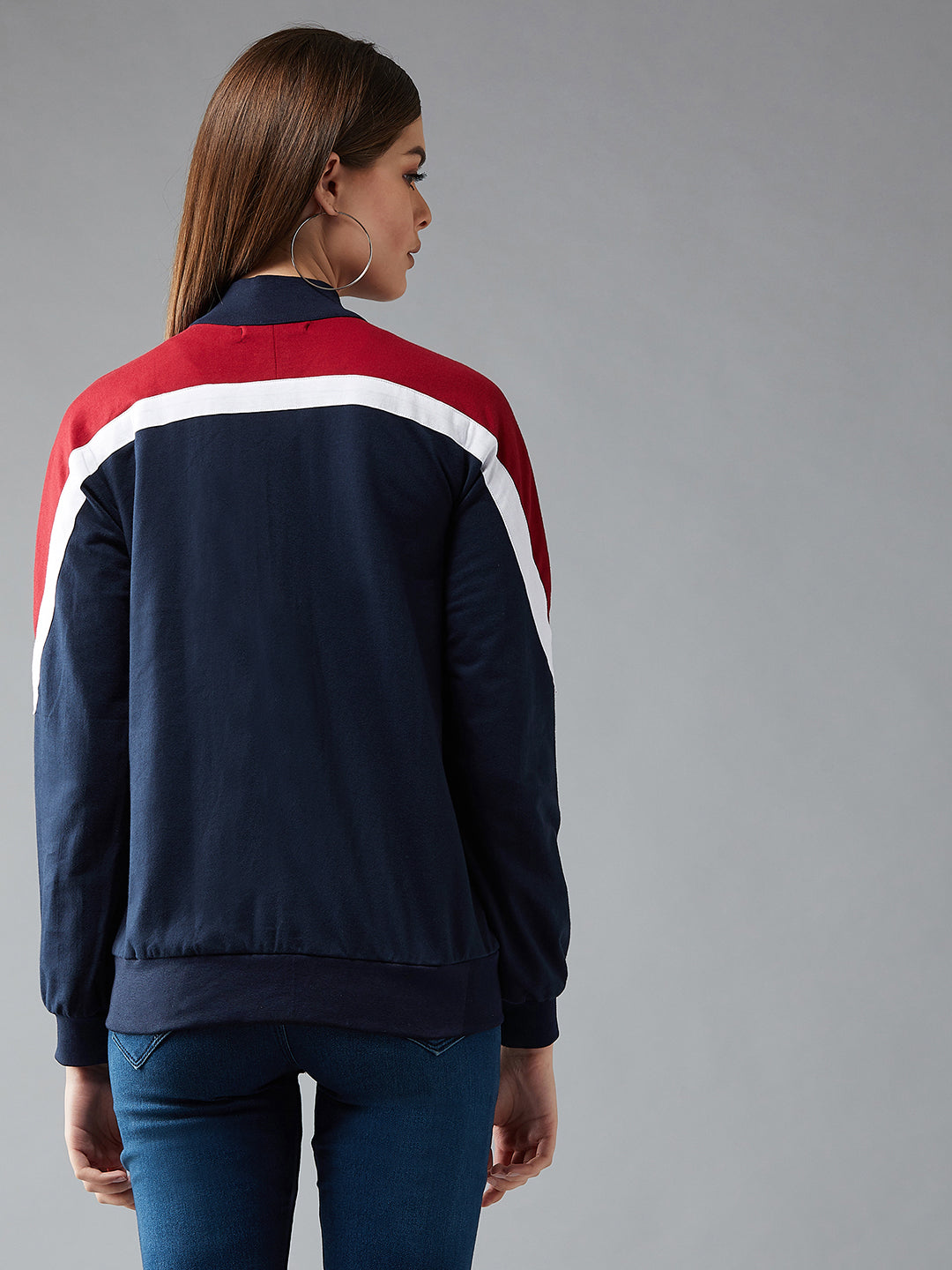 Women's Multicoloured-Base-Navy Blue Turtle-neck Full sleeves Solid Color-Block Regular Jacket