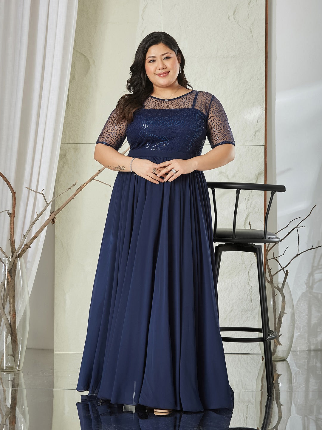 Navy Blue Relaxed Fit Maxi Georgette & Sequins Dress for Women