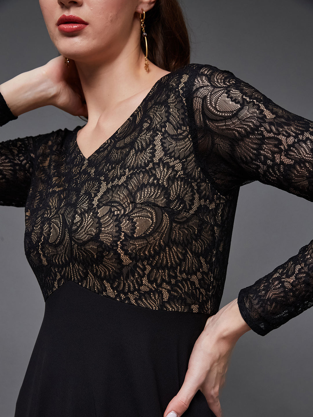 Women's Black V-Neck Full Sleeve Self Design Lace-Overlaid Georgette Maxi Dress