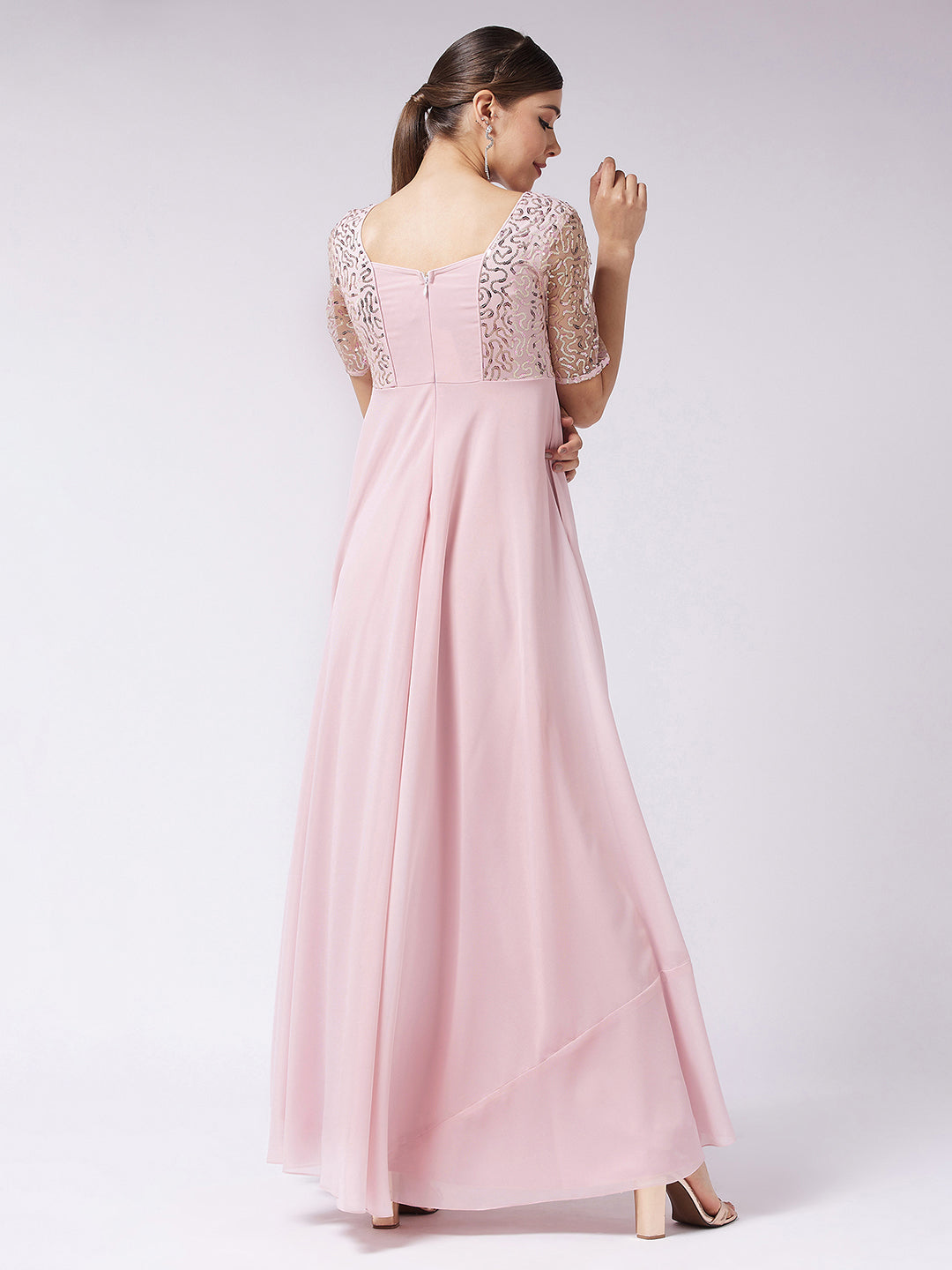 Women's Dusty Pink Square Neck Half Sleeve Solid Embellished Maxi Dress