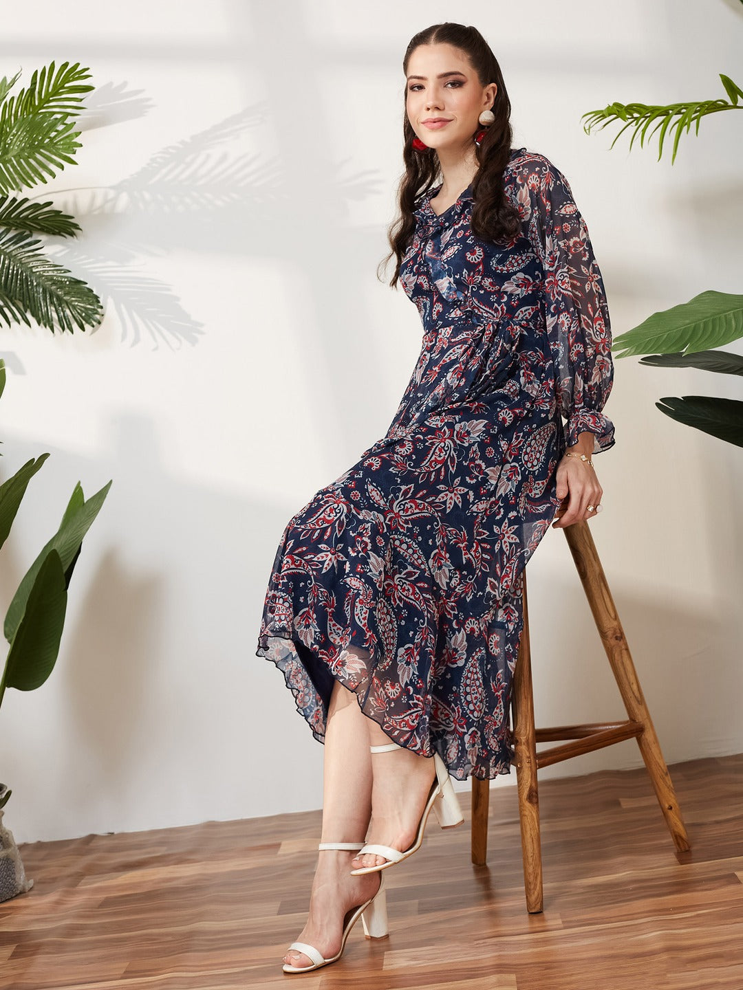 Navy Blue V Neck Full Sleeves Polyester Relaxed Fit Midi Length Dress for Women