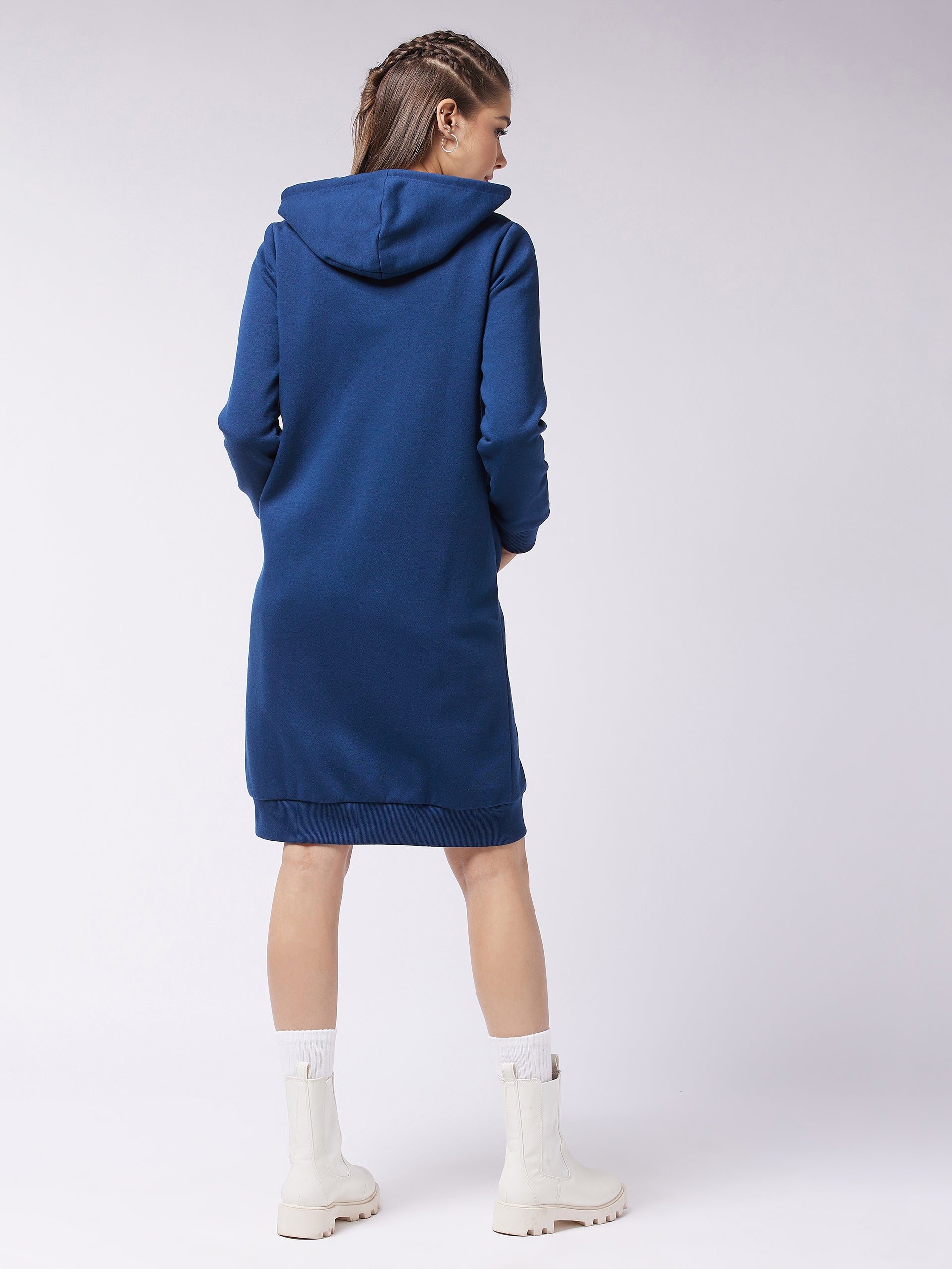 Women's Navy Blue Hooded Full Sleeve Solid Knee Length Dress