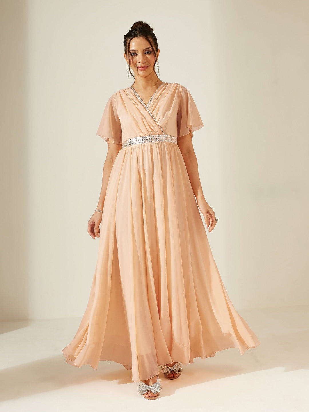 Peach V-Neck Flared/ Bell Sleeves Georgette Solid Fit & Flare Maxi Dress for Women