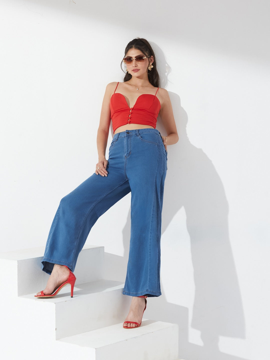 Mid Blue Wide Leg high-rise Curved Panel Stretchable Denim Jeans for Women