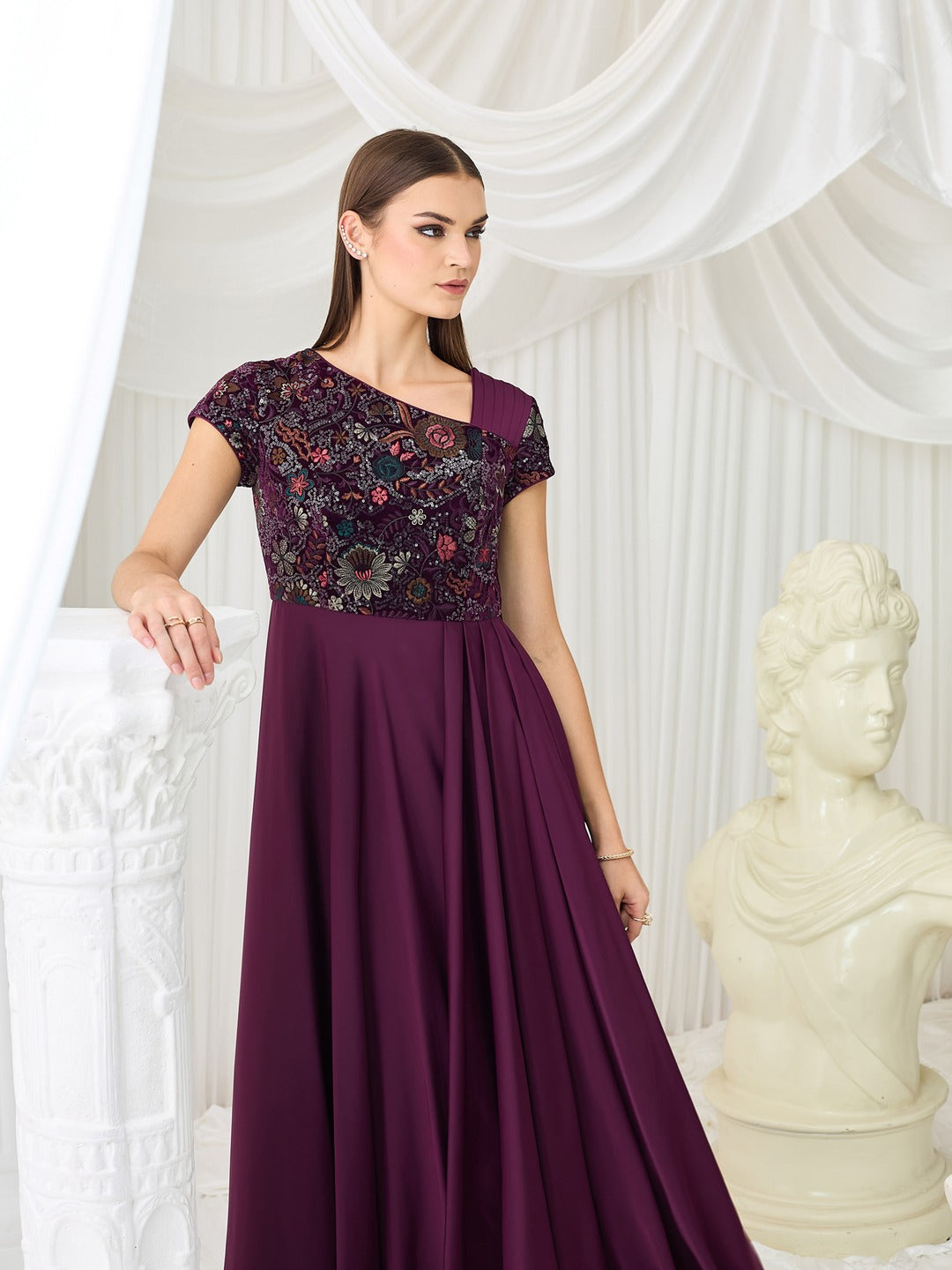 Purple Asymmetric Draped Gown in Embroidered Luxe Satin for Women