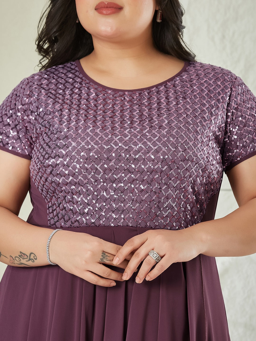 Mauve Round Neck Cap Sleeve Embellished Fit & Flare Maxi Crepe Dress for Women