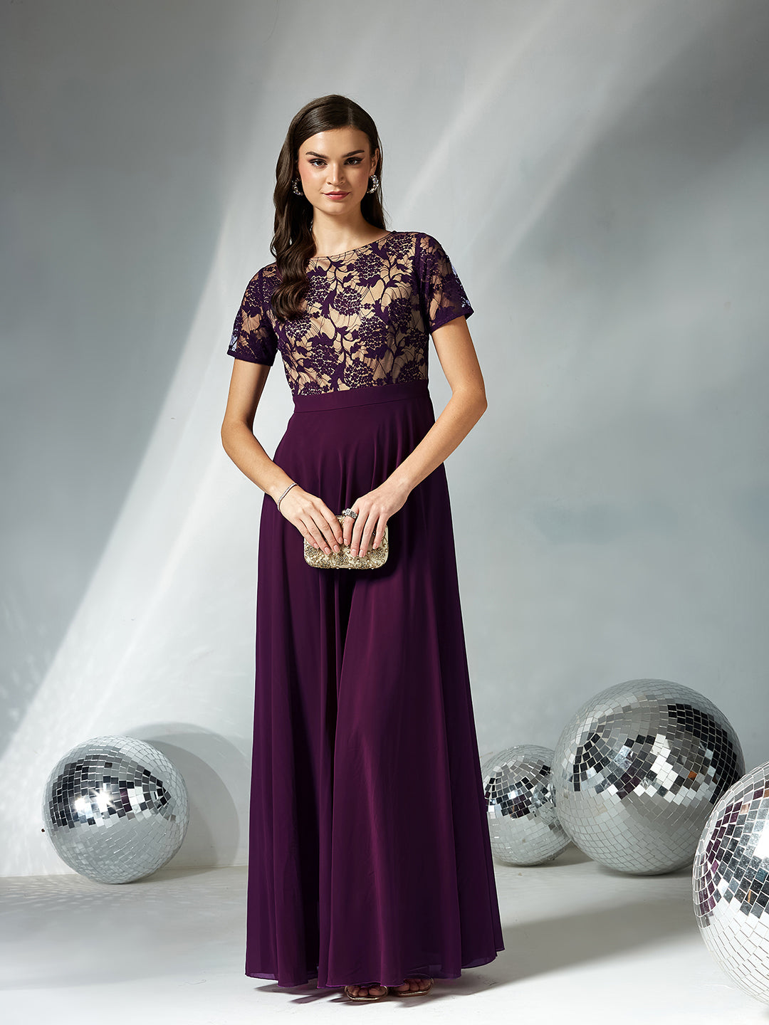 Women's Dark Purple Round Neck Half Sleeve Self Design Fit & Flare Georgette Maxi Dress
