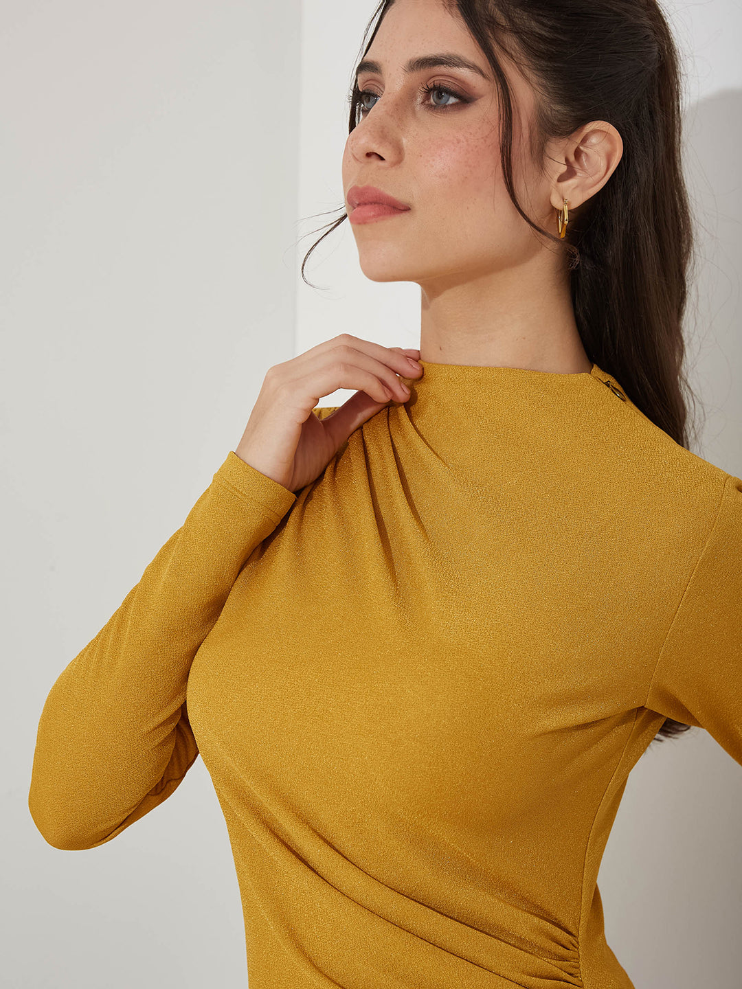 Golden Draped Polo Neck Full Sleeve Polyester Top for Women