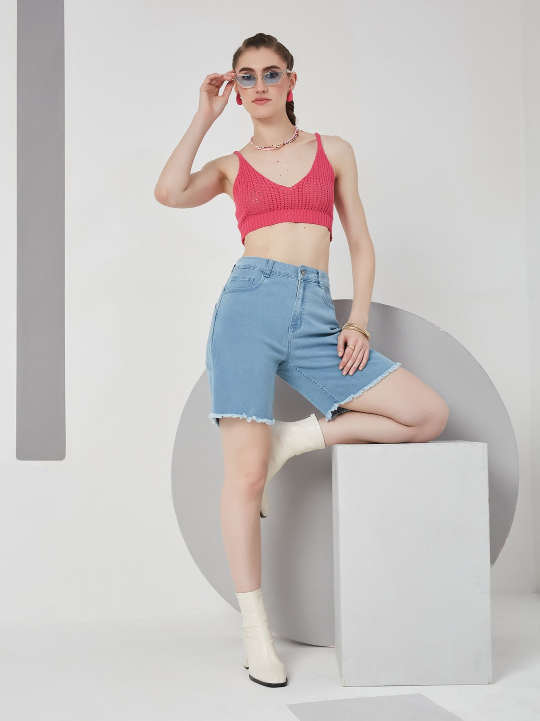 Light Blue Regular high-rise Above Knee Stretchable Denim Shorts for Women