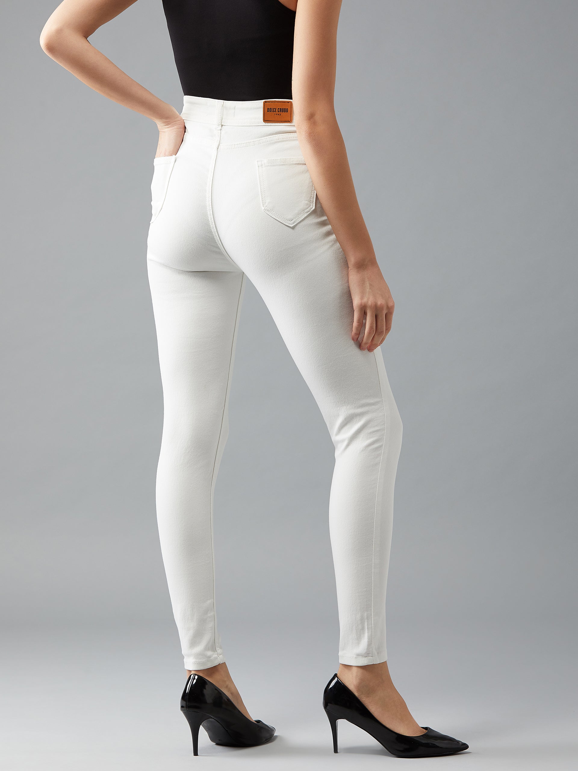 Women's White Skinny Fit High Rise Clean Look Patchwork Detailing Regular Length Stretchable Denim Jeans