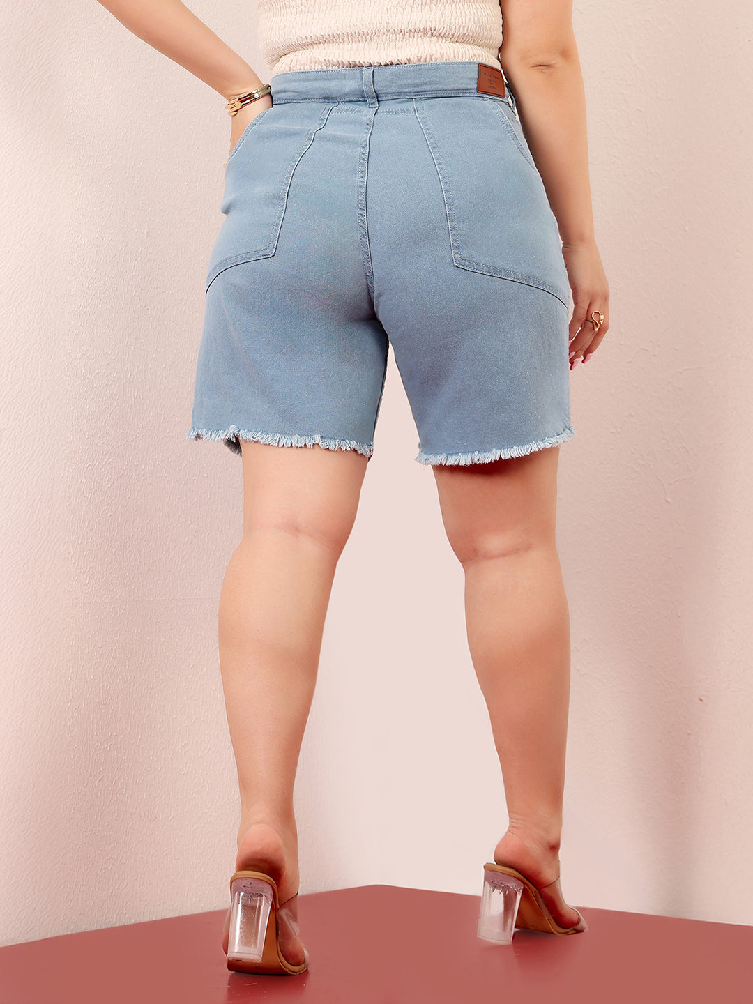 Women's Light Blue High-Rise Clean-Look Above Knee Stretchable Denim Shorts