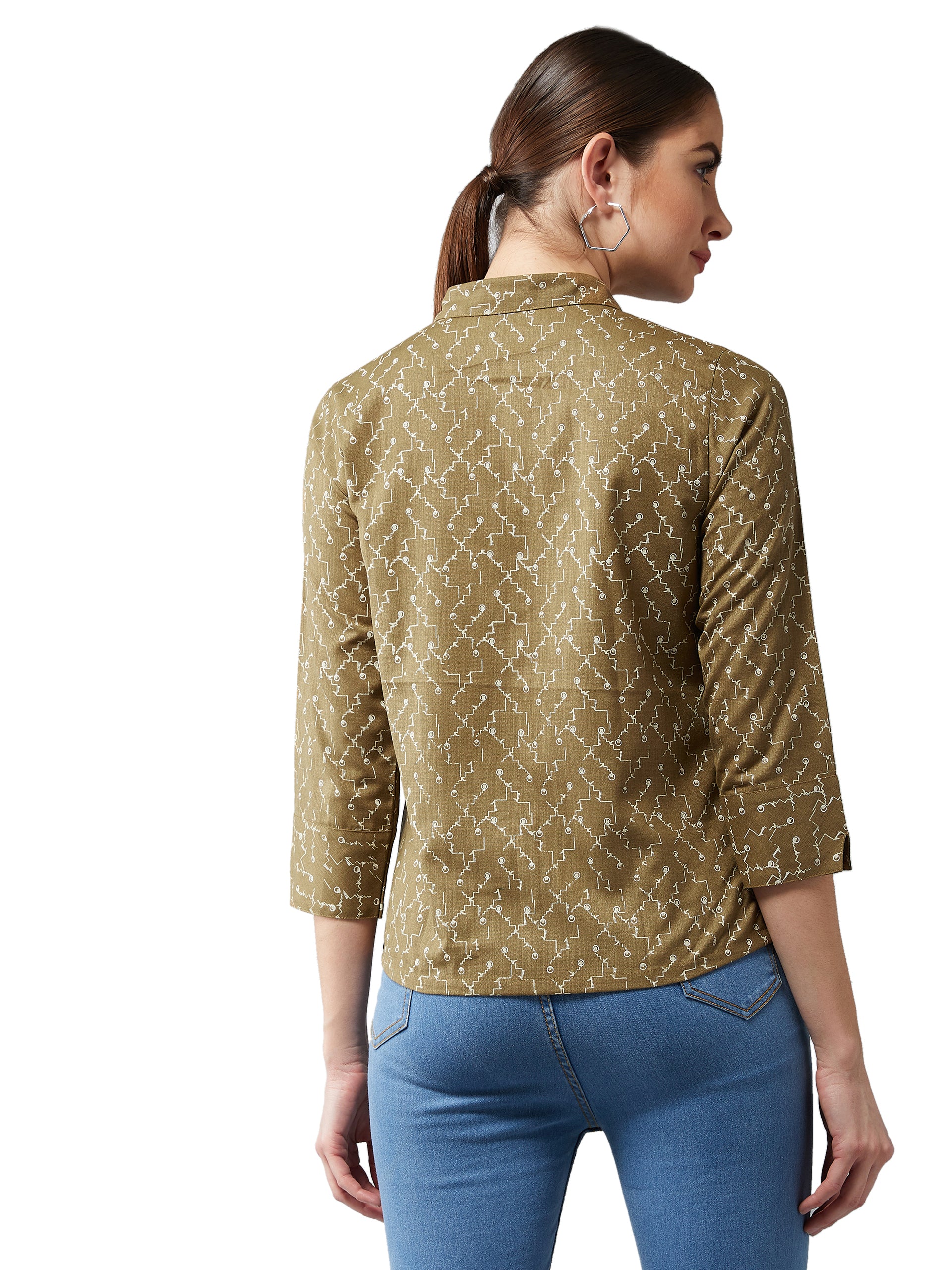 Women's Multicolored-Base Olive Green Collared 3/4 Sleeves Printed Basic Regular Length Shirt