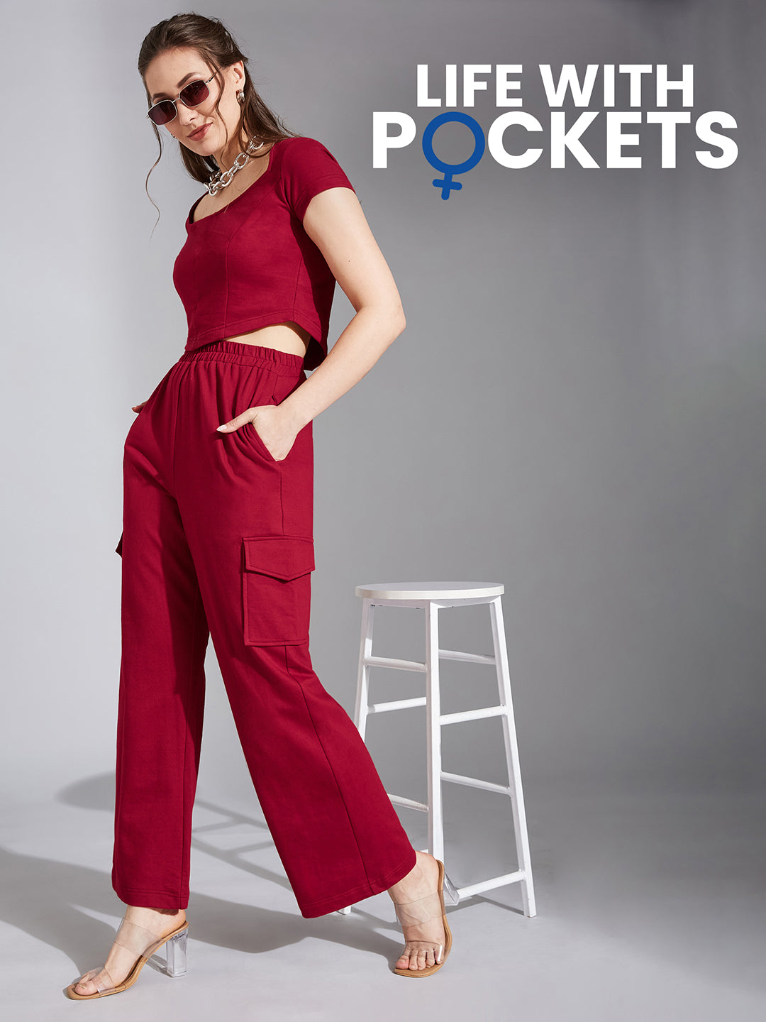 Women's Maroon Wide-Neck Short Sleeve Solid Regular-Length Flap Pocketed Cotton Panelled Co-Ord Set