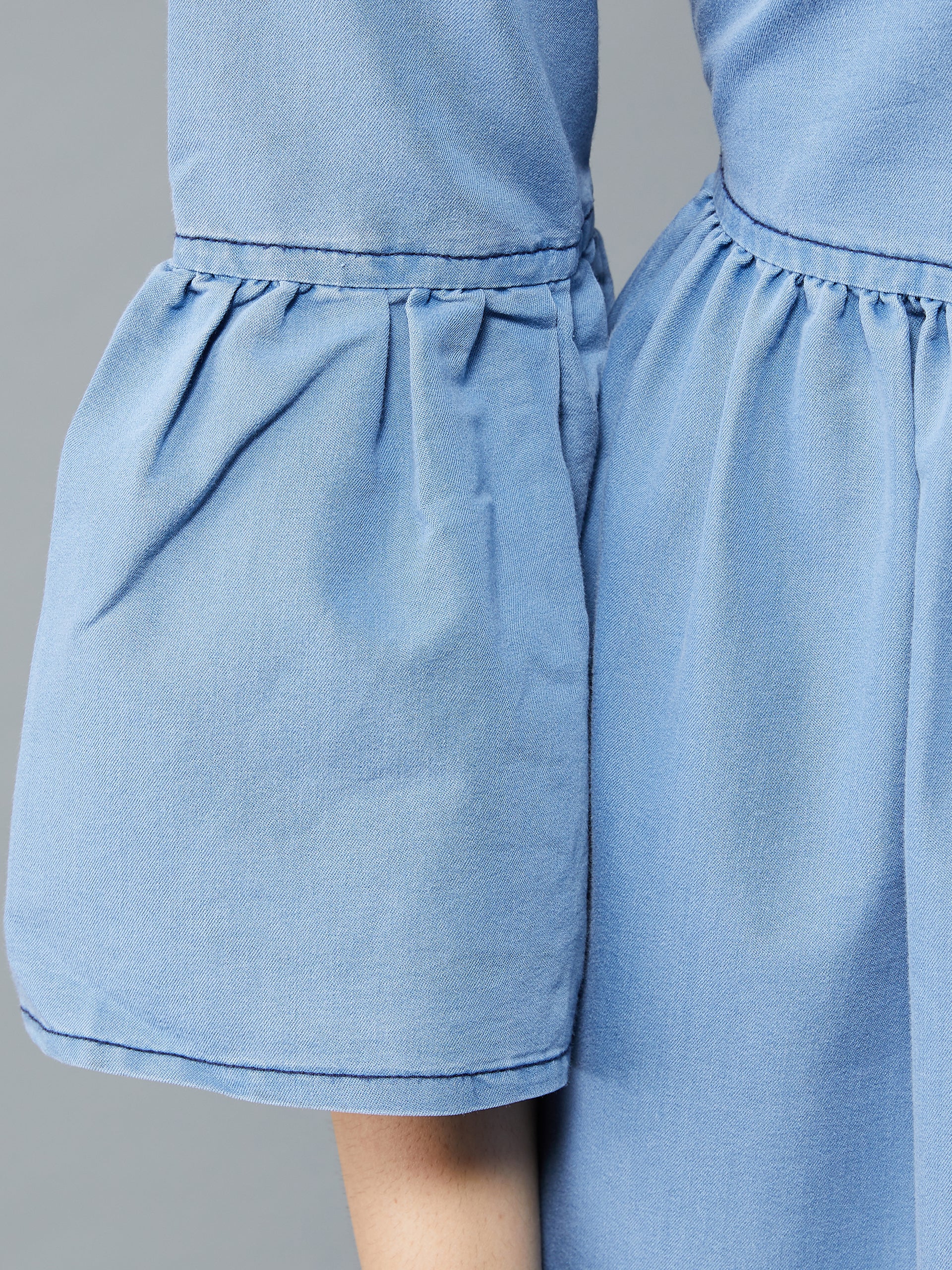 Women's Light Blue Round Neck Ruffled Full Sleeve Denim Solid Buttoned Midi Dress