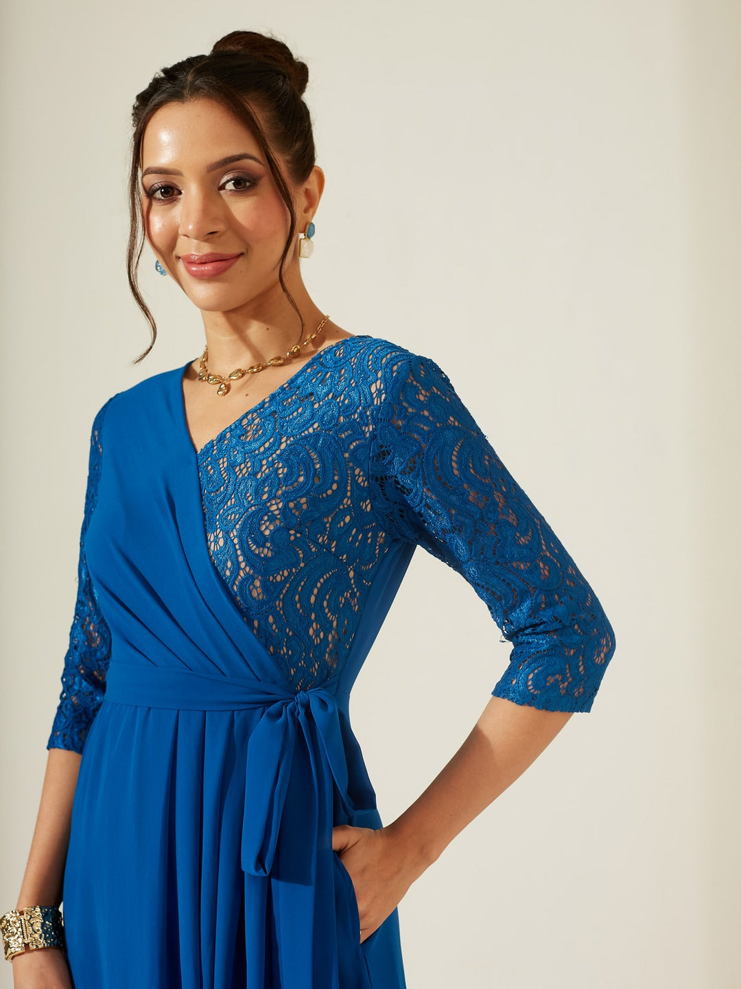Royal Blue V-Neck 3/4 Sleeve Self-Designed Wrap-Styled Georgette Maxi Dress for Women