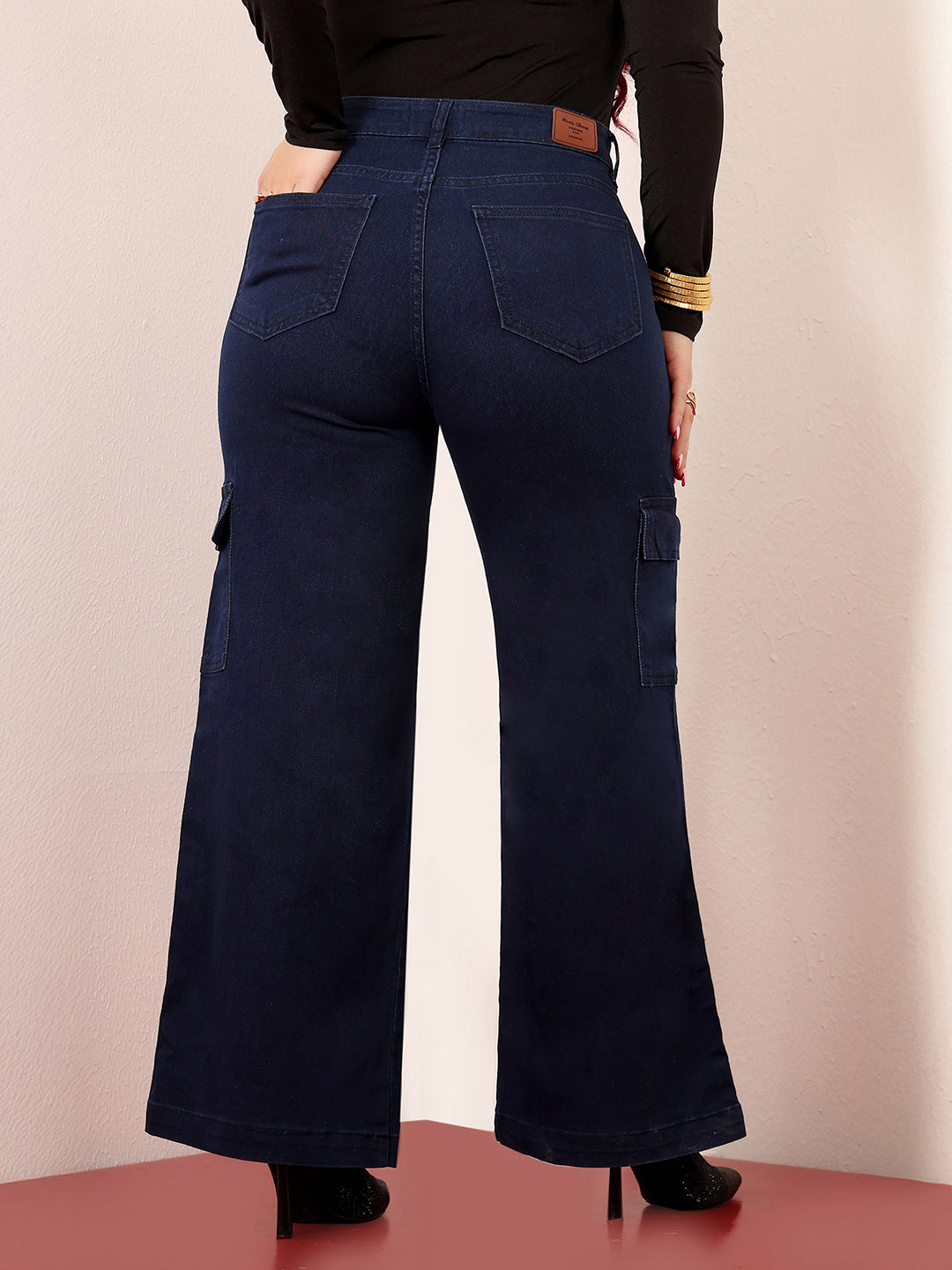 Women's Navy Blue Wide-Leg High-Rise Clean-Look Stretchable Cargo Denim Jeans