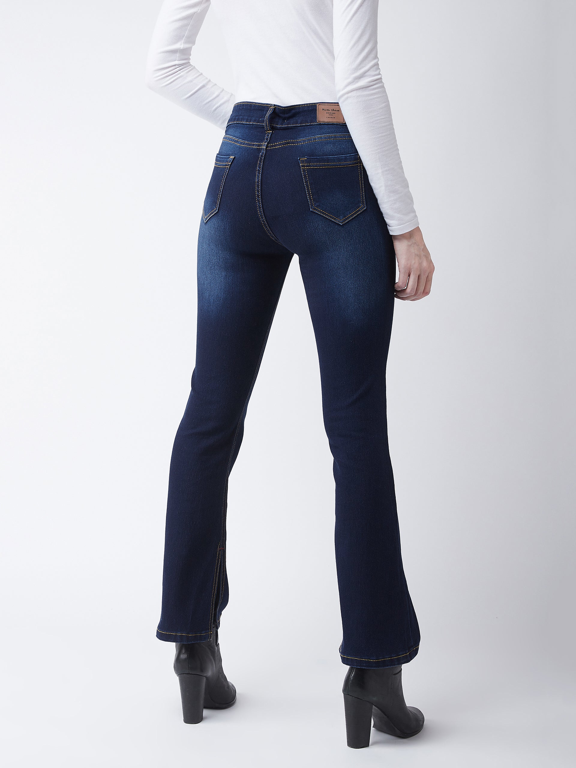 24/7 Comfort Women's Timeless Blue Bell Bottom Bootcut Hourglass Mid Rise Regular Length Slit Denim Stretchable Jeans